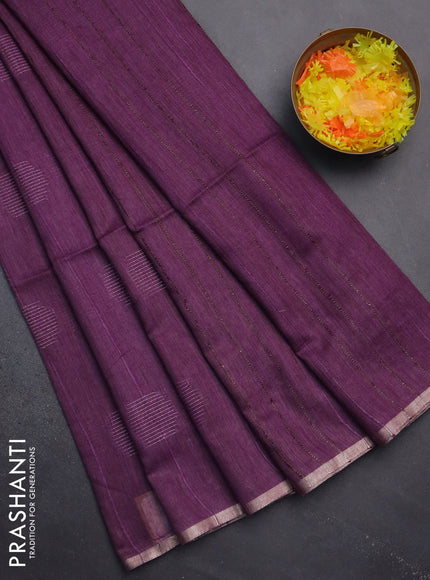Semi bamboo saree purple with woven buttas and zari woven piping border