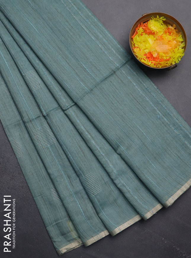 Semi bamboo saree pastel blue with woven buttas and zari woven piping border