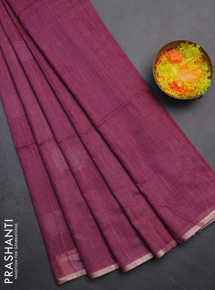 Semi bamboo saree magenta pink with woven buttas and zari woven piping border