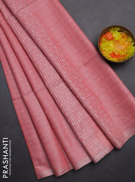 Semi bamboo tissue saree peach shade with allover thread weaves in borderless style