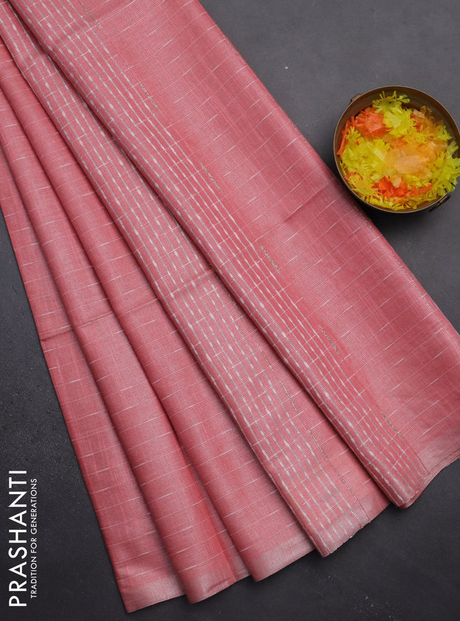 Semi bamboo tissue saree peach shade with allover thread weaves in borderless style