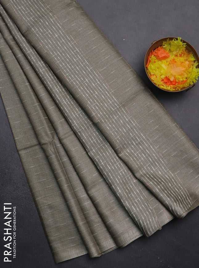 Semi bamboo tissue saree grey with allover thread weaves in borderless style