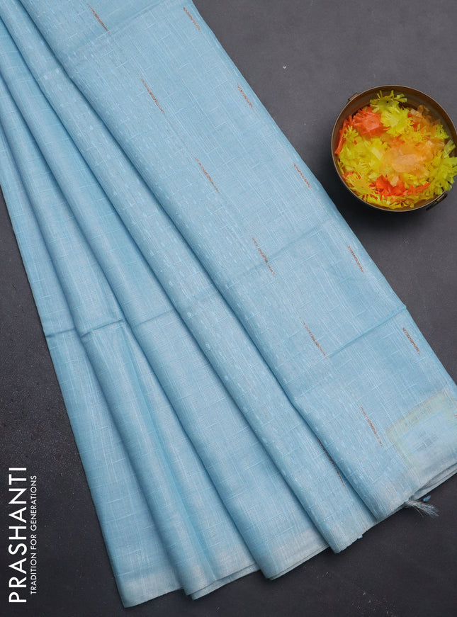 Semi bamboo tissue saree light blue with allover thread weaves in borderless style