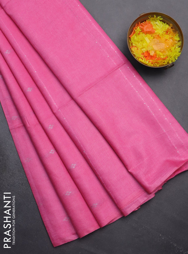 Semi bamboo saree candy pink with silver zari woven buttas in borderless style