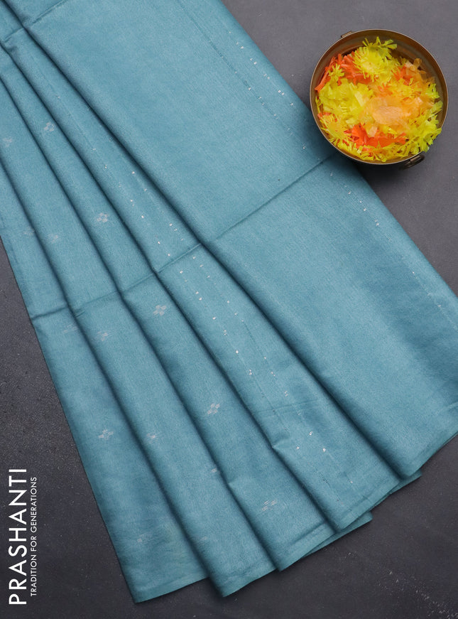 Semi bamboo saree pastel blue with silver zari woven buttas in borderless style
