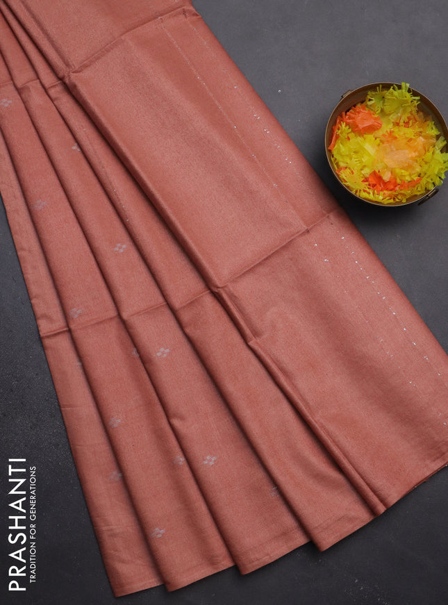 Semi bamboo saree peach orange with silver zari woven buttas in borderless style