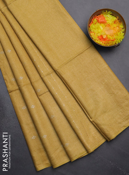 Semi bamboo saree mustard yellow with silver zari woven buttas in borderless style