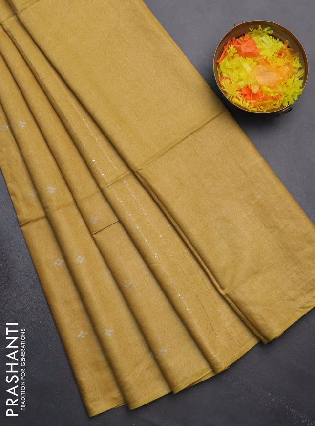 Semi bamboo saree mustard yellow with silver zari woven buttas in borderless style