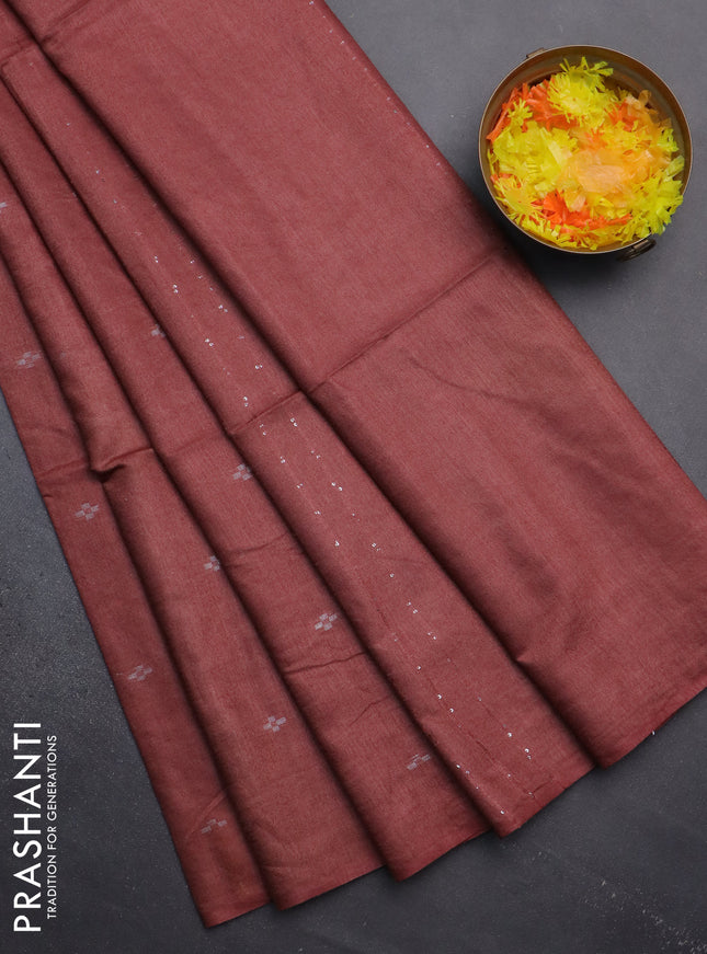 Semi bamboo saree maroon with silver zari woven buttas in borderless style