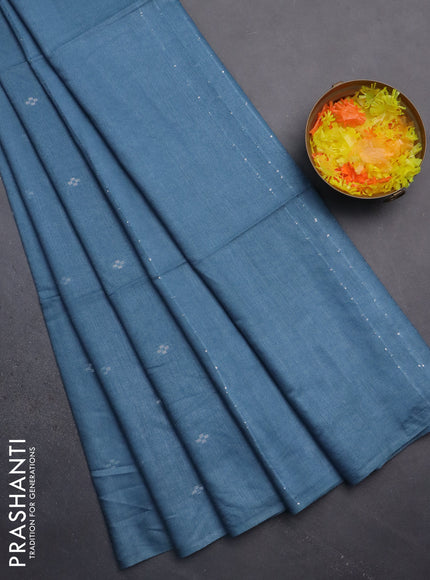 Semi bamboo saree pastel blue with silver zari woven buttas in borderless style