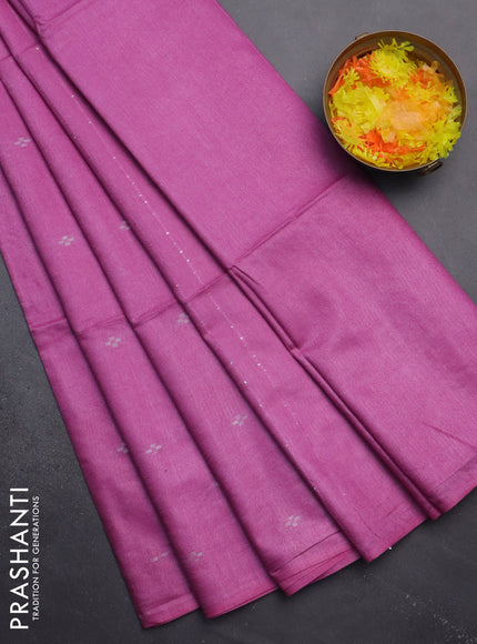 Semi bamboo saree magenta pink with silver zari woven buttas in borderless style