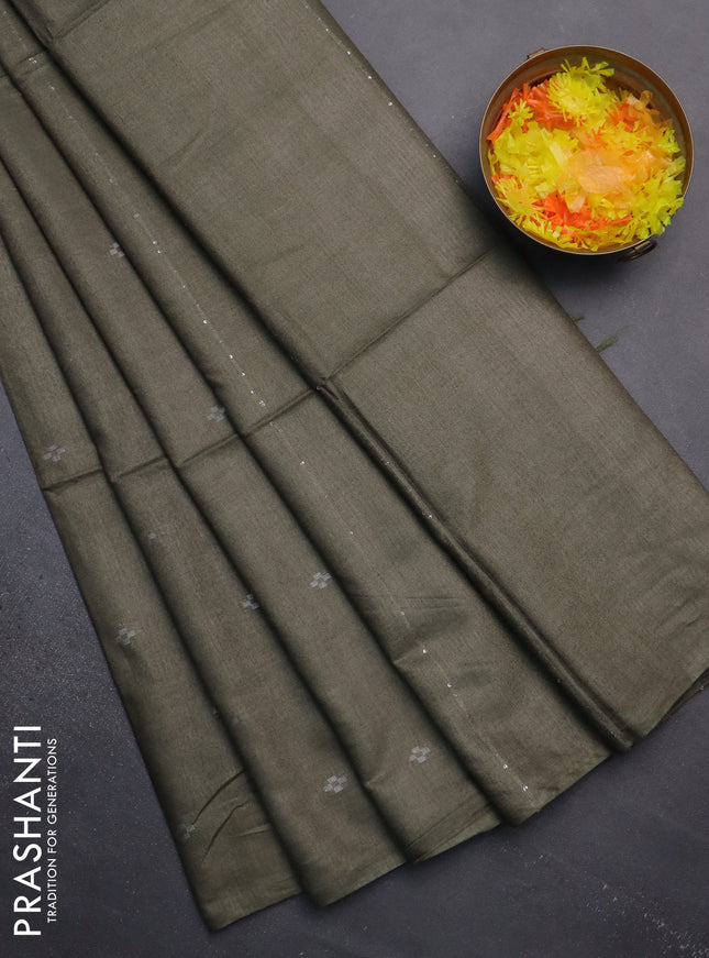 Semi bamboo saree military green with silver zari woven buttas in borderless style