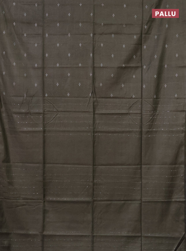 Semi bamboo saree military green with silver zari woven buttas in borderless style