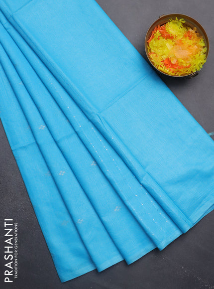 Semi bamboo saree light blue with silver zari woven buttas in borderless style