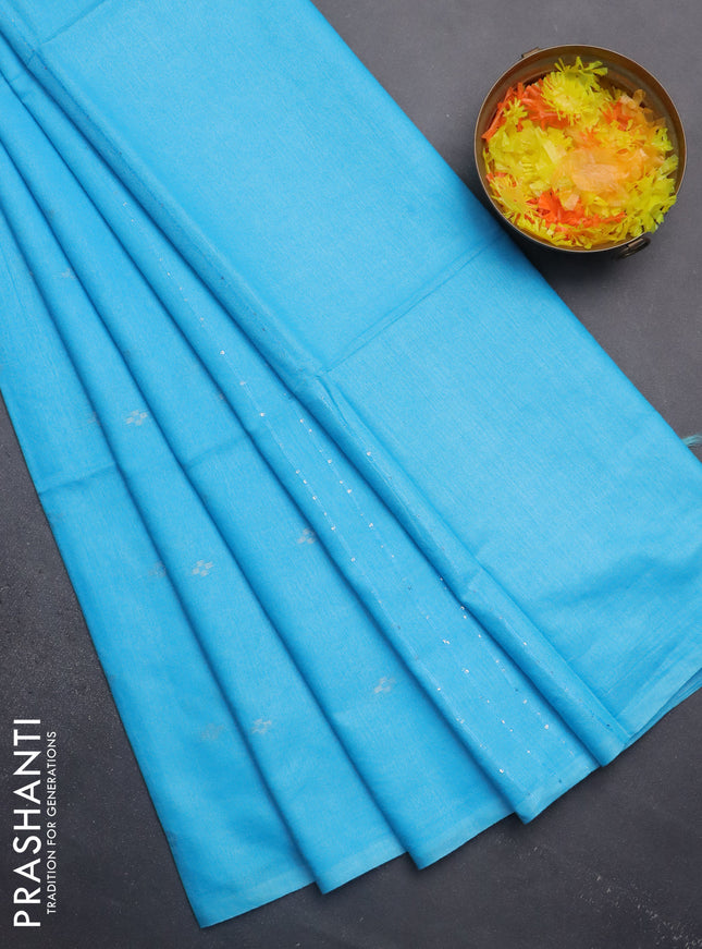 Semi bamboo saree light blue with silver zari woven buttas in borderless style