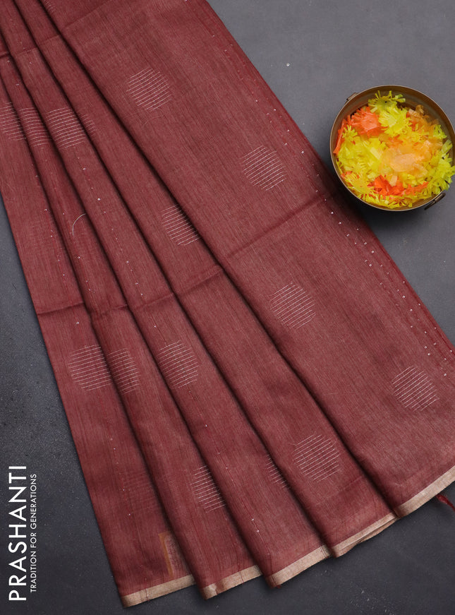 Semi bamboo saree maroon with thread & sequin weaves and zari woven piping border