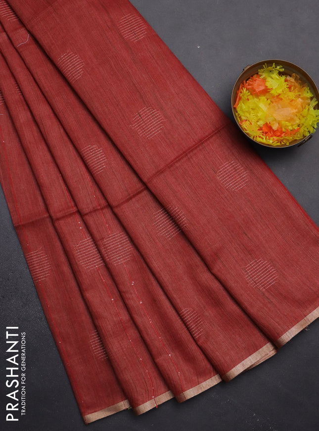 Semi bamboo saree red with thread & sequin weaves and zari woven piping border