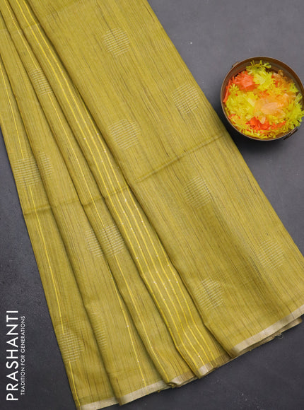 Semi bamboo saree lime yellow with thread & sequin weaves and zari woven piping border