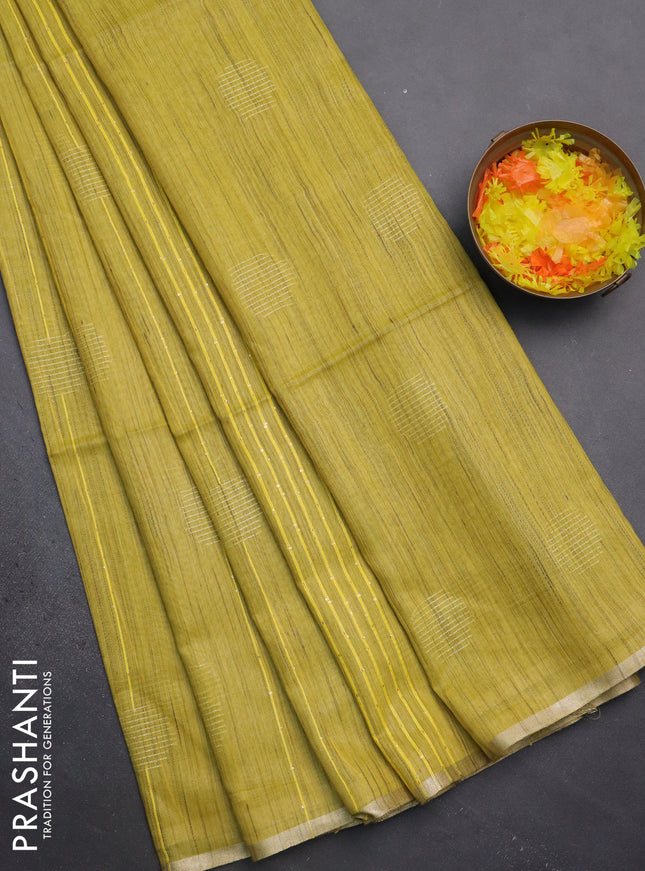 Semi bamboo saree lime yellow with thread & sequin weaves and zari woven piping border