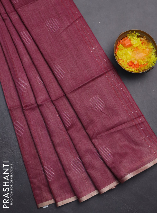 Semi bamboo saree maroon with thread & sequin weaves and zari woven piping border