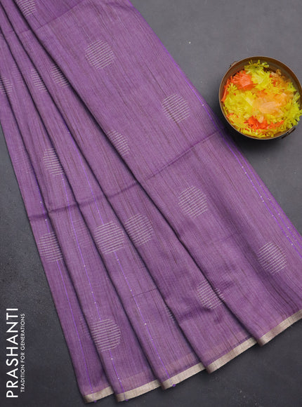 Semi bamboo saree lavender with thread & sequin weaves and zari woven piping border
