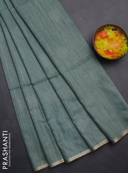 Semi bamboo saree pastel blue with thread & sequin weaves and zari woven piping border