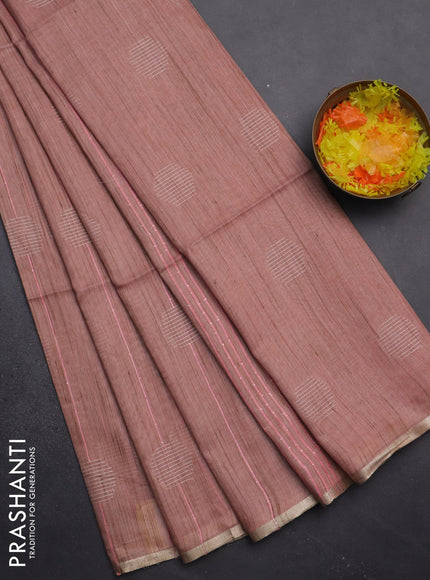 Semi bamboo saree peach shade with thread & sequin weaves and zari woven piping border