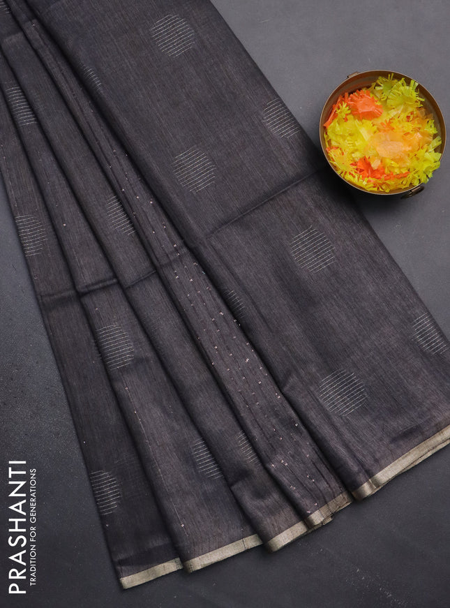 Semi bamboo saree grey with thread & sequin weaves and zari woven piping border
