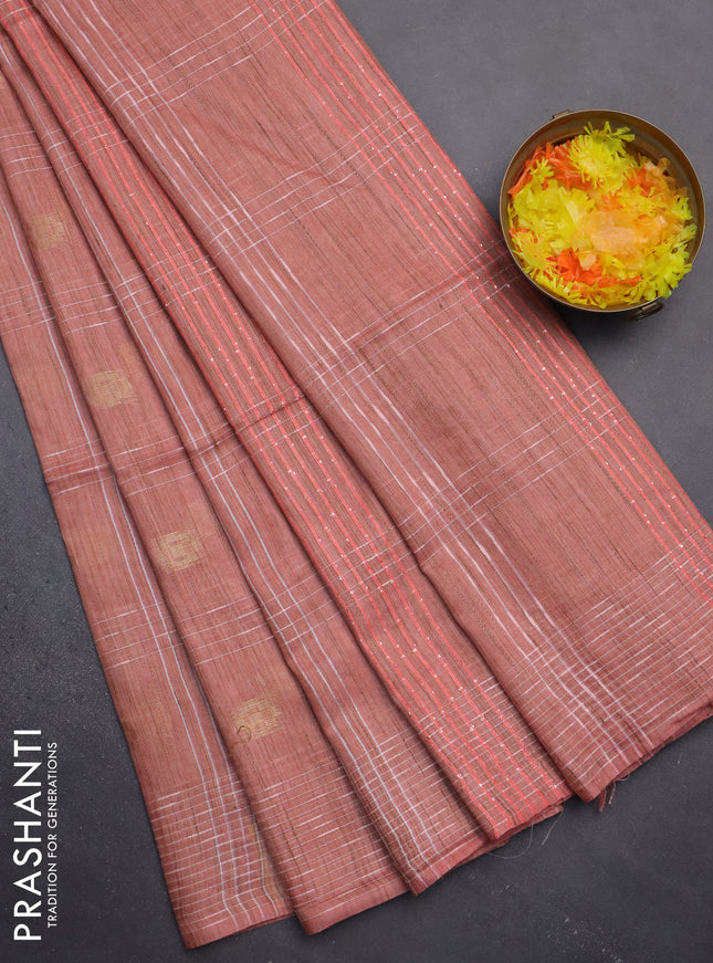 Semi bamboo saree peach orange with allover thread weaves & zari buttas and woven border