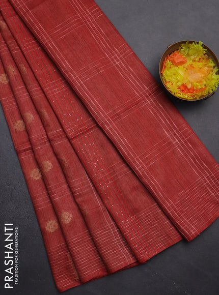 Semi bamboo saree red with allover thread weaves & zari buttas and woven border