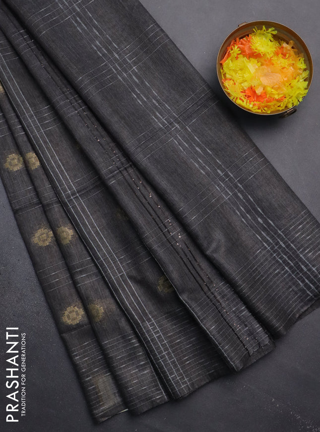Semi bamboo saree elephant grey with allover thread weaves & zari buttas and woven border