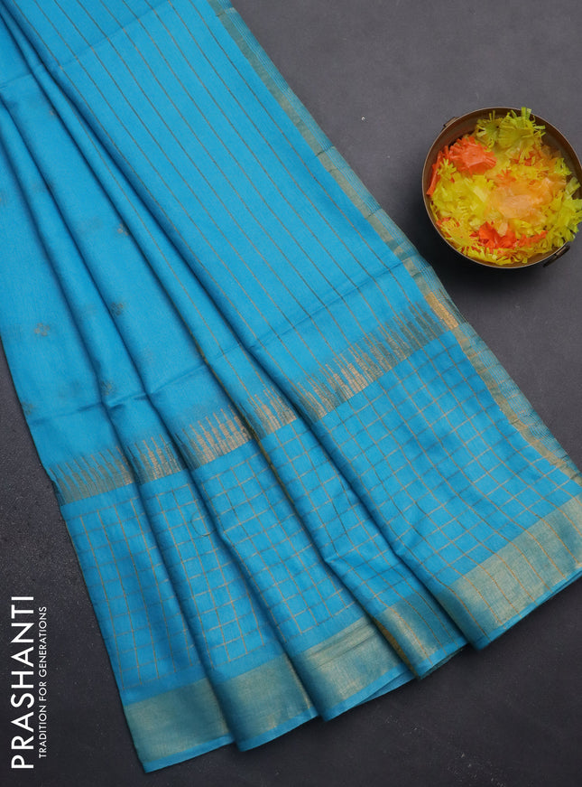 Semi bamboo saree light blue with zari woven buttas and long zari checked border