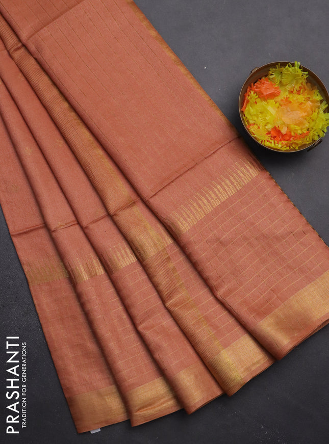 Semi bamboo saree peach shade with zari woven buttas and long zari checked border