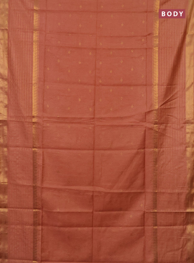 Semi bamboo saree peach shade with zari woven buttas and long zari checked border