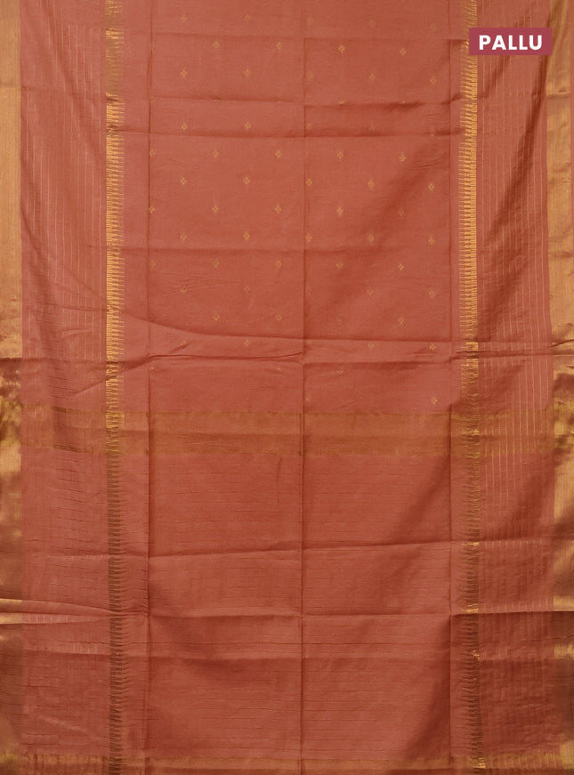 Semi bamboo saree peach shade with zari woven buttas and long zari checked border