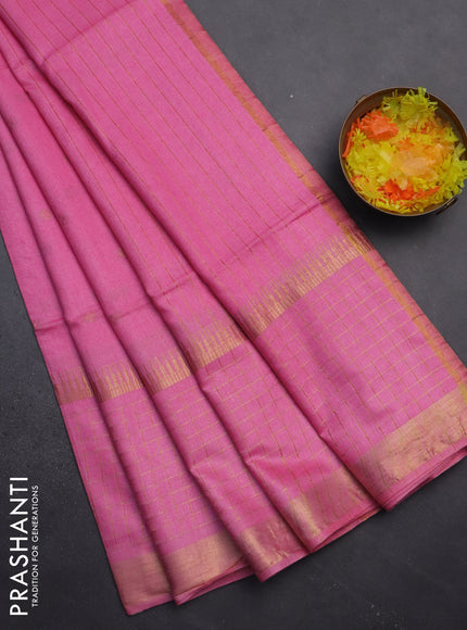 Semi bamboo saree candy pink with zari woven buttas and long zari checked border