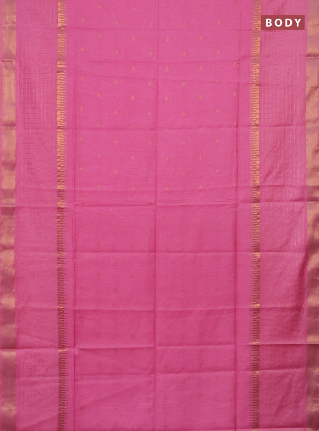 Semi bamboo saree candy pink with zari woven buttas and long zari checked border
