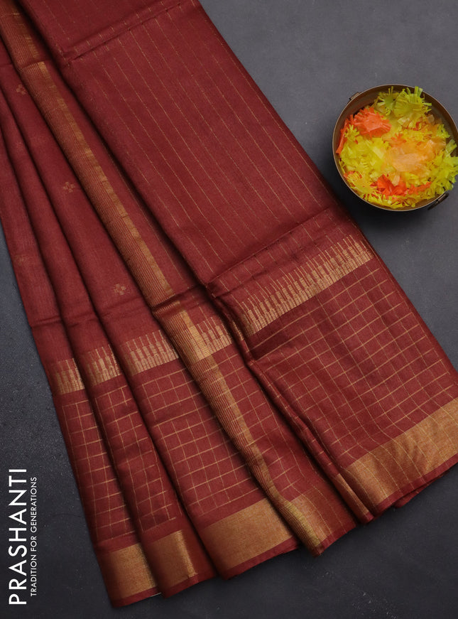 Semi bamboo saree rust shade with zari woven buttas and long zari checked border