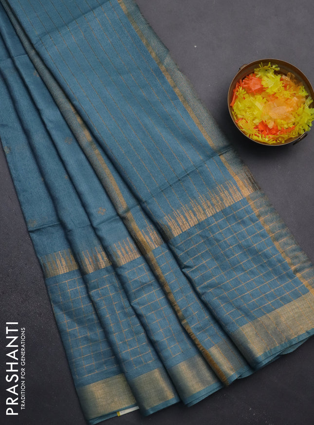 Semi bamboo saree blue shade with zari woven buttas and long zari checked border