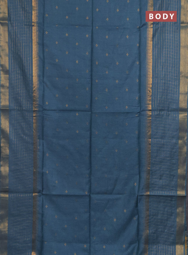 Semi bamboo saree blue shade with zari woven buttas and long zari checked border