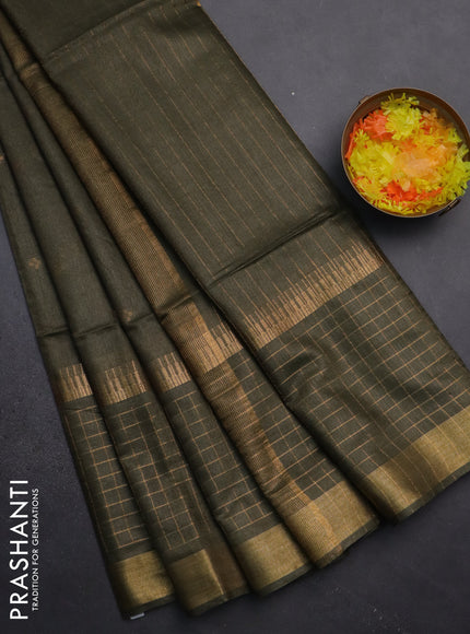 Semi bamboo saree military green with zari woven buttas and long zari checked border