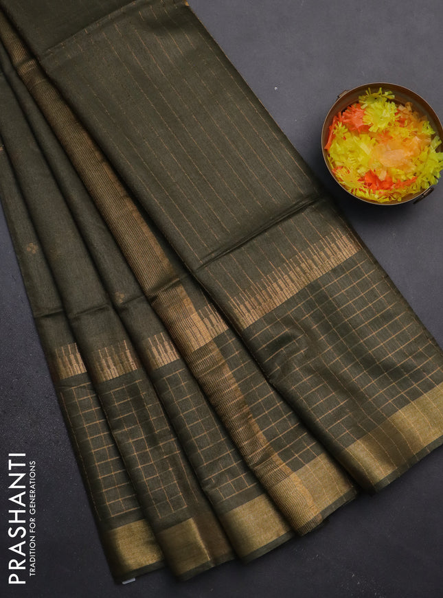 Semi bamboo saree military green with zari woven buttas and long zari checked border