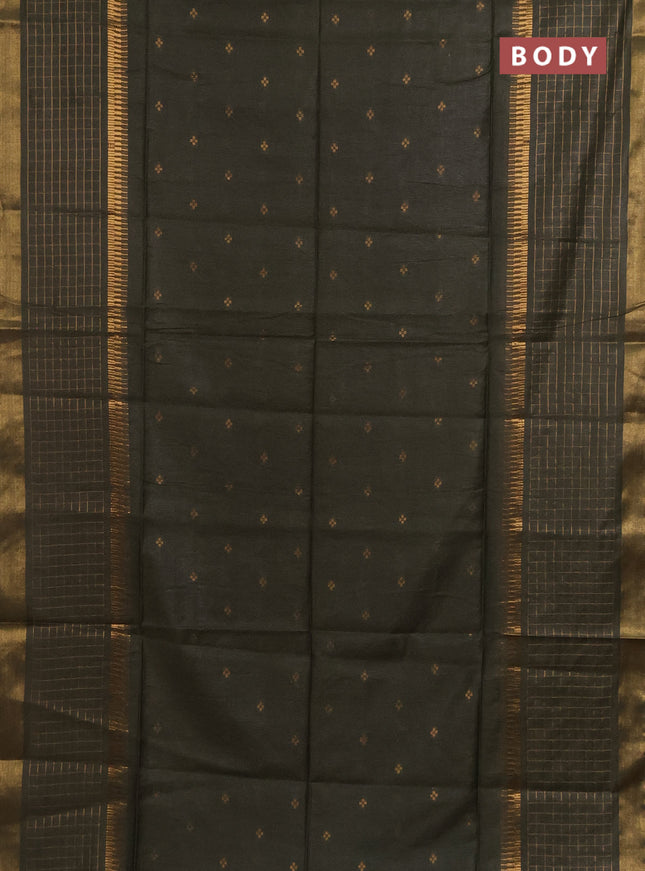 Semi bamboo saree military green with zari woven buttas and long zari checked border