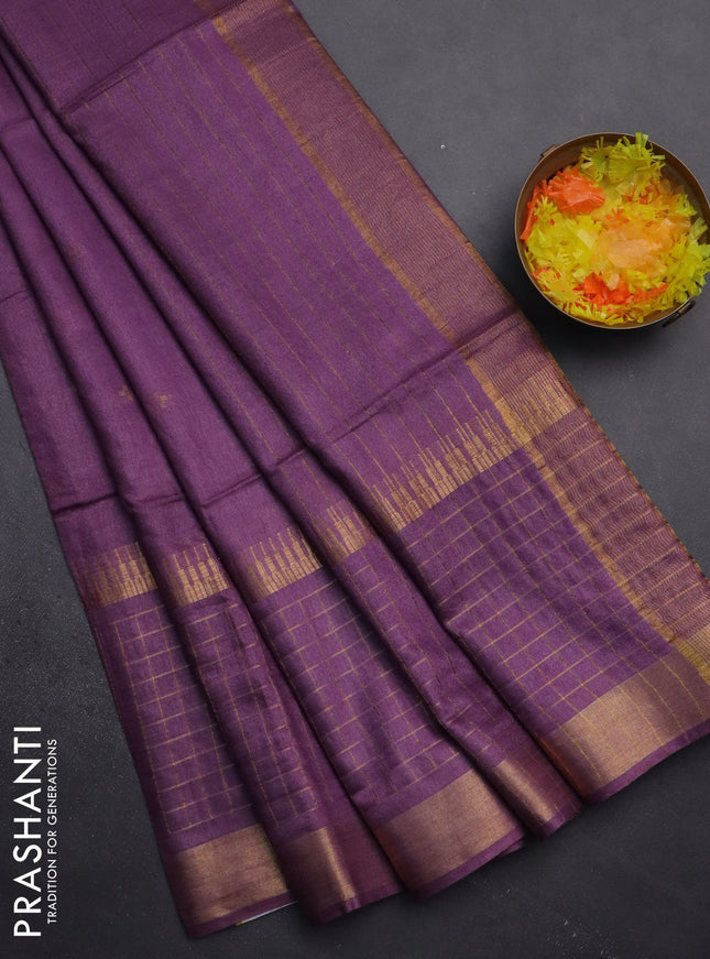 Semi bamboo saree purple with zari woven buttas and long zari checked border