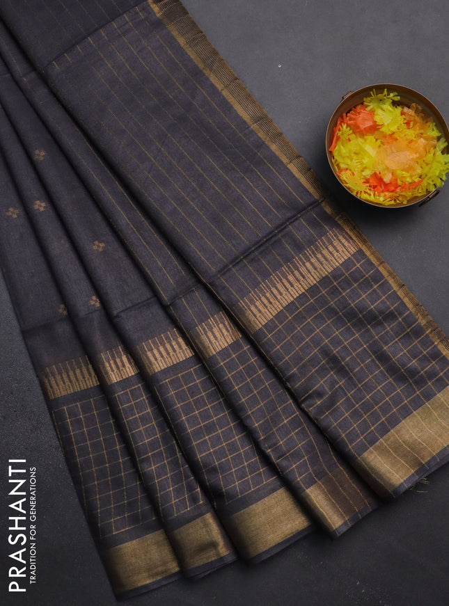 Semi bamboo saree elephant grey with zari woven buttas and long zari checked border