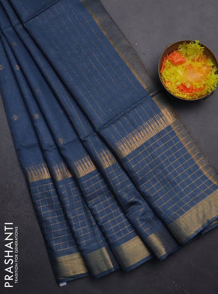 Semi bamboo saree peacock blue with zari woven buttas and long zari checked border