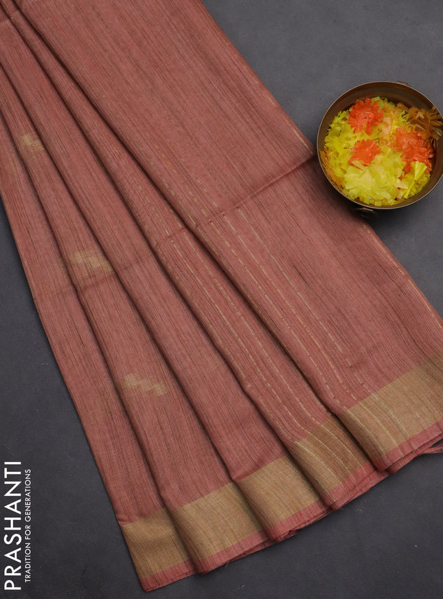 Semi bamboo saree peach shade with zari woven buttas and zari woven border