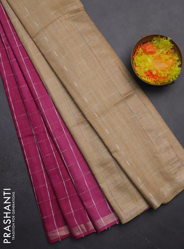 Semi bamboo saree magenta pink and sandal with checked pattern and zari woven border