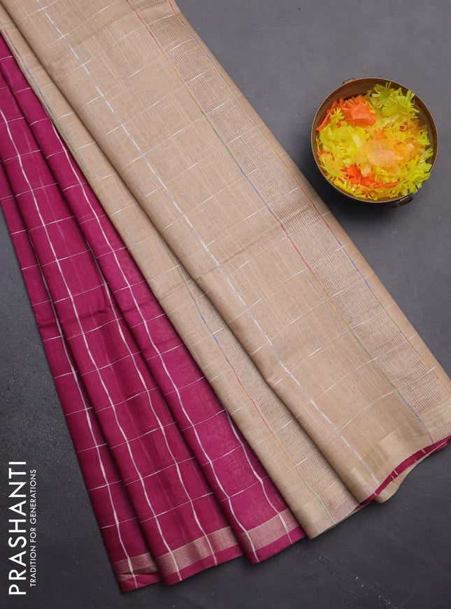Semi bamboo saree magenta pink and sandal with checked pattern and zari woven border