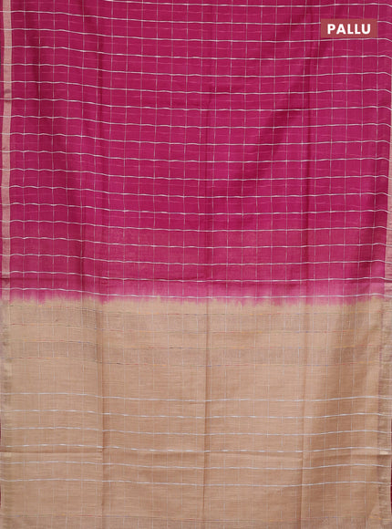 Semi bamboo saree magenta pink and sandal with checked pattern and zari woven border